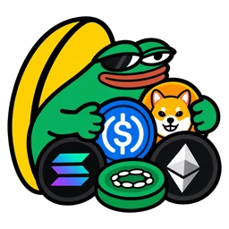 moin frog in sunglasses with his arms around a pile of coins
