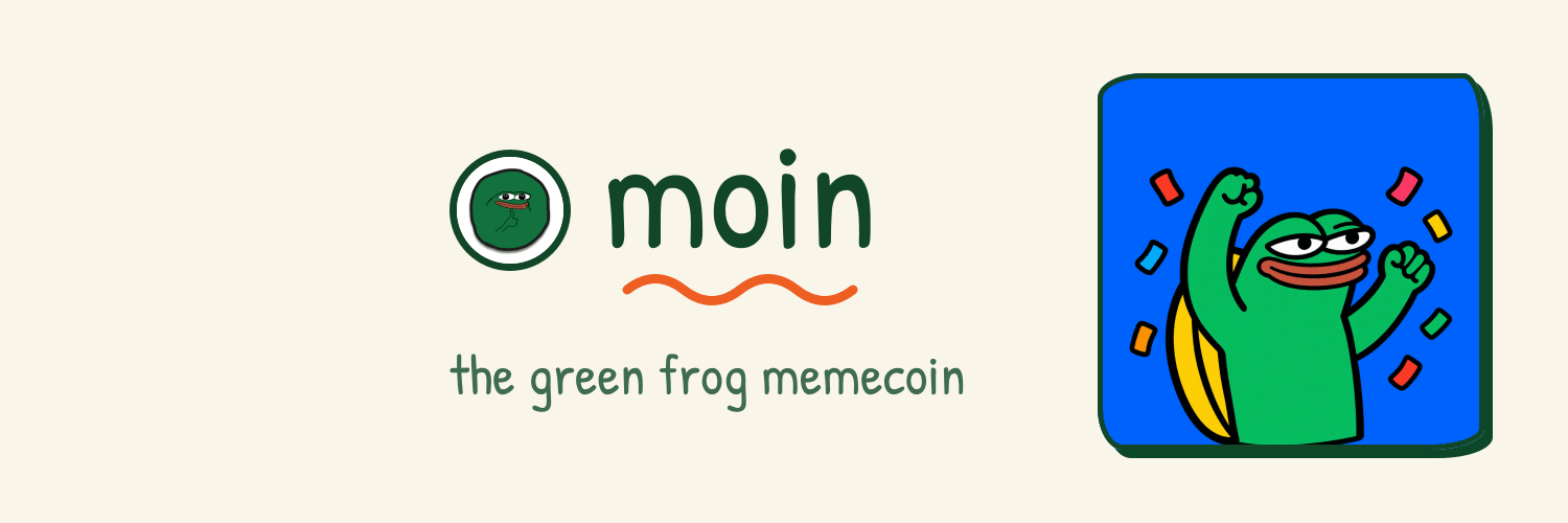 the moin header: the MOIN coin and moin, underlined with an orange wave, over the green frog memecoin, beside the frog cheering on blue