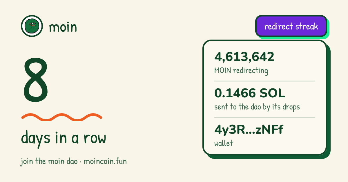 moin redirect streak of 4y3R…zNFf: 8 days in a row, 4,613,642 MOIN redirecting, 0.1454 SOL sent to the dao