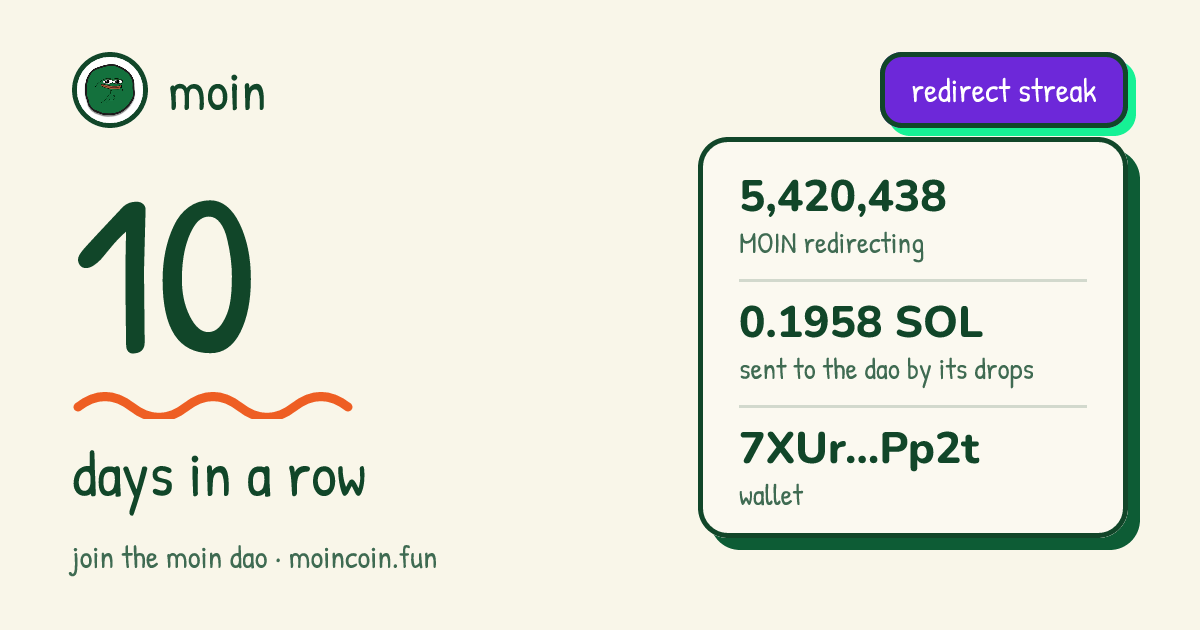 moin redirect streak of 7XUr…Pp2t: 10 days in a row, 5,420,438 MOIN redirecting, 0.1944 SOL sent to the dao