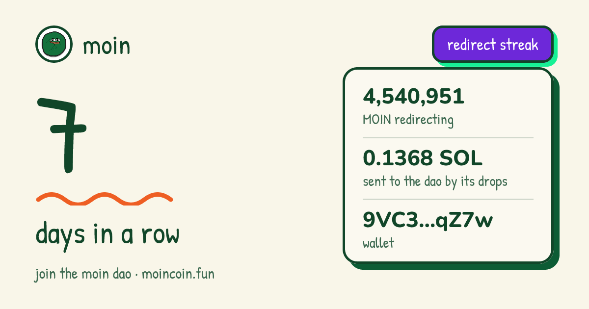 moin redirect streak of 9VC3…qZ7w: 7 days in a row, 4,540,951 MOIN redirecting, 0.1357 SOL sent to the dao